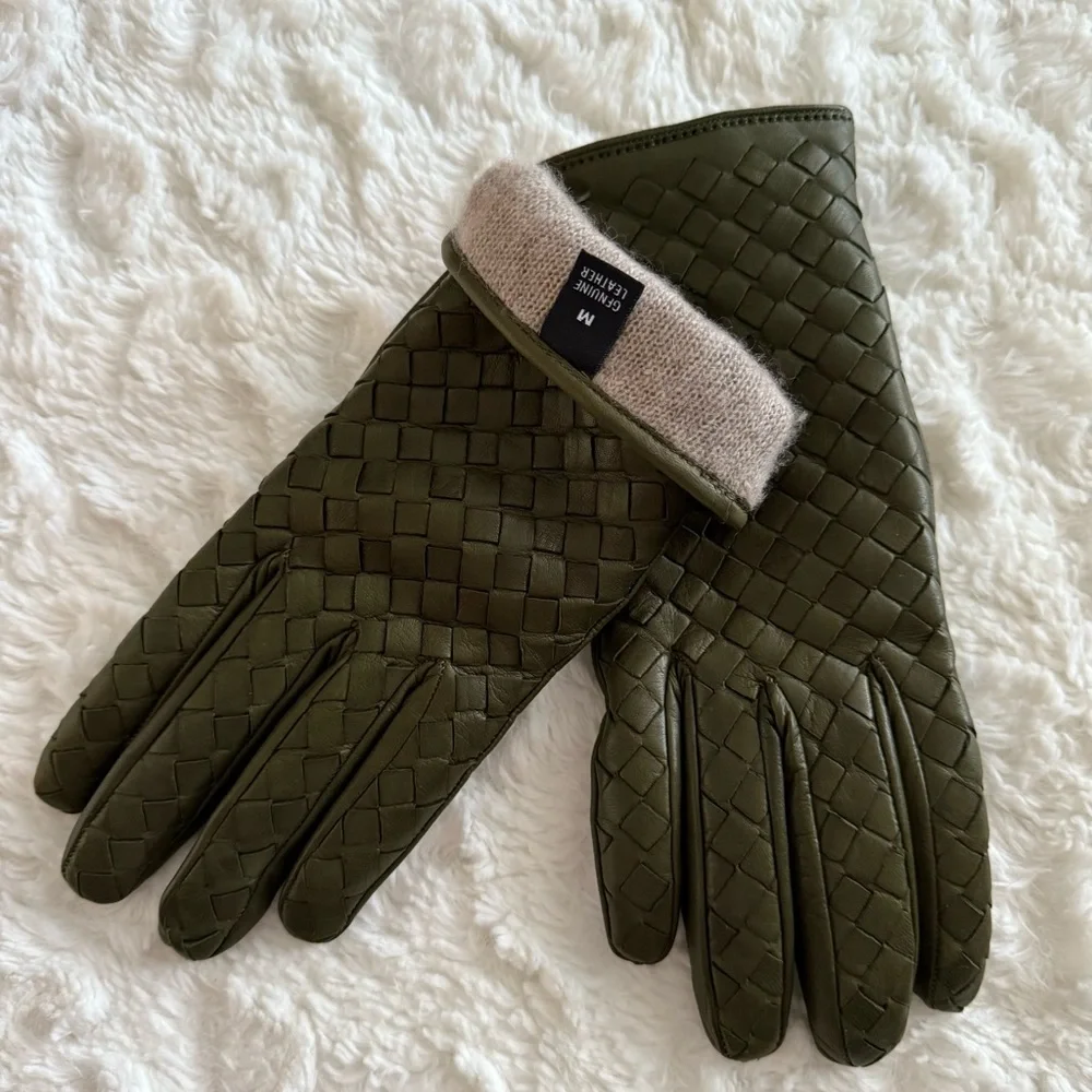 Woven Nappa Leather Cashmere Lining Gloves in Olive  Italy